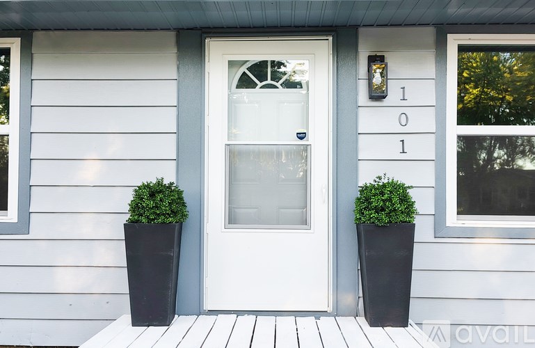 A white door with a glass window and two potted plants on either side.