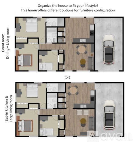 Two floor plans of a house with a car parked outside.