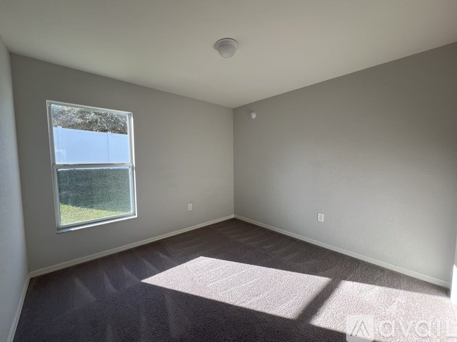 A room with a window and a carpet on the floor.