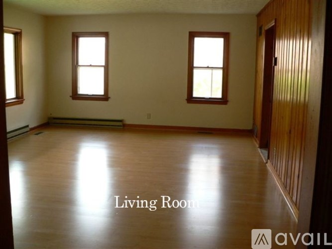 A living room with wooden floors and two windows.