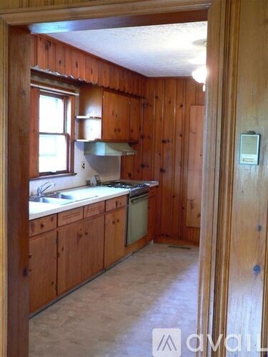 A kitchen with wooden cabinets and a window.