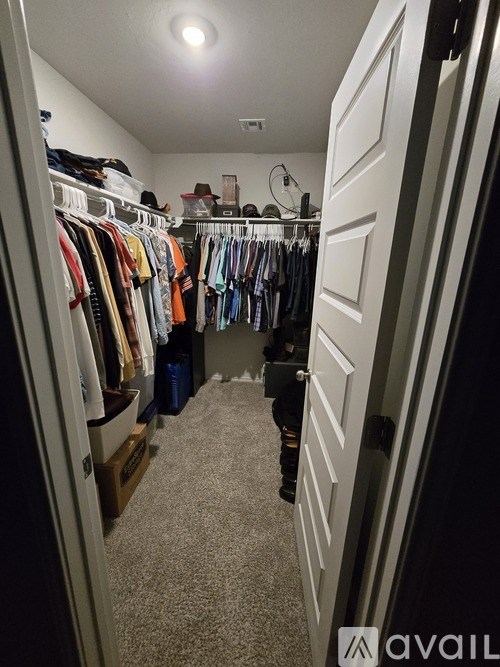 A walk in closet with clothes hanging on shelves and a carpeted floor.