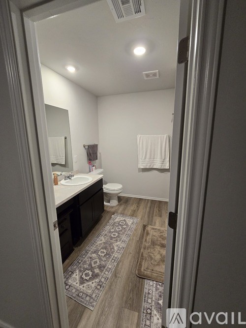 A bathroom with a rug on the floor and a towel hanging on the wall.