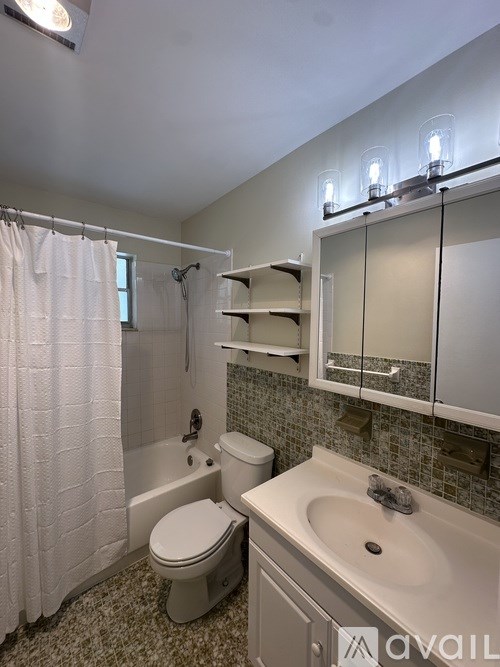 A bathroom with a toilet, sink, and shower.