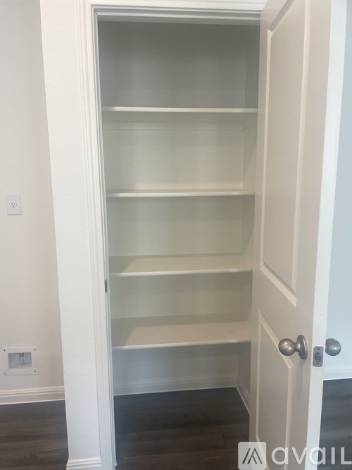 A white pantry with a door and shelves.