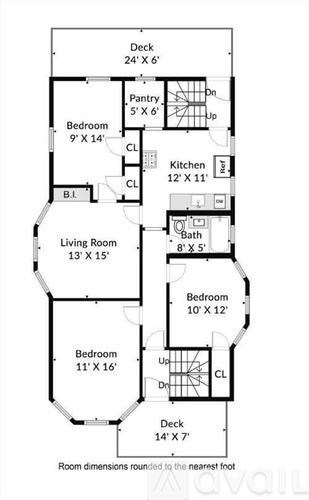 A floor plan of a house with a deck, pantry, and multiple bedrooms.