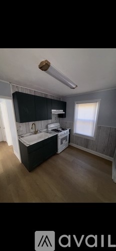 A kitchen with black cabinets and a wooden floor.