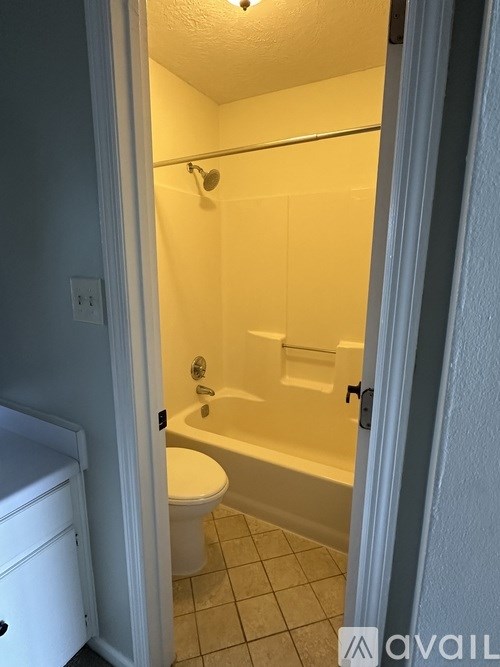 A bathroom with a toilet, tub, and shower.