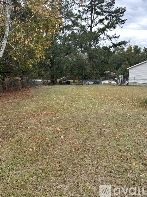 A grassy field with trees and a fence in the background.