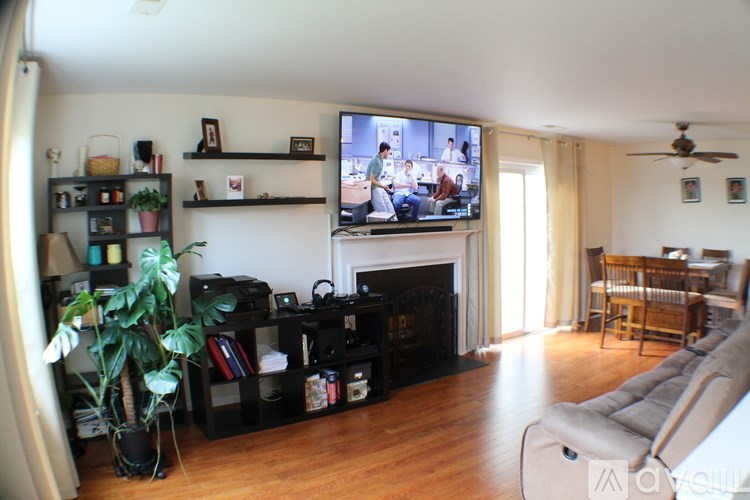A living room with a television and a fireplace.