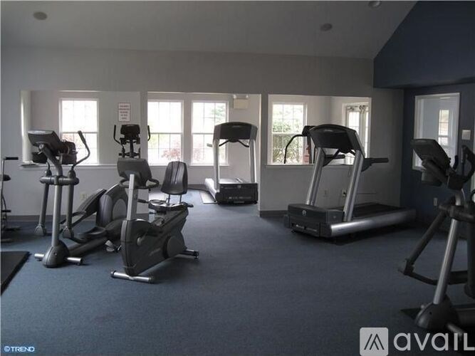 A gym with various exercise machines and a grey carpet.