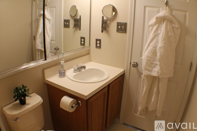 A bathroom with a sink, toilet, and mirror.