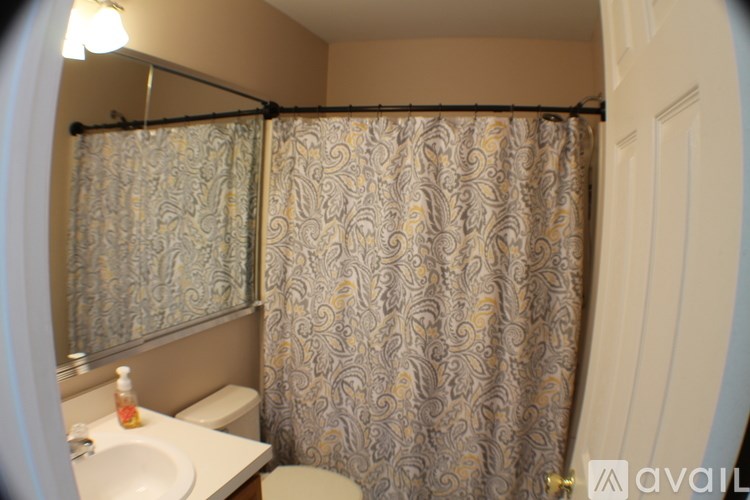 A bathroom with a patterned shower curtain.