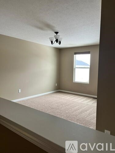 A room with a window and a carpeted floor.