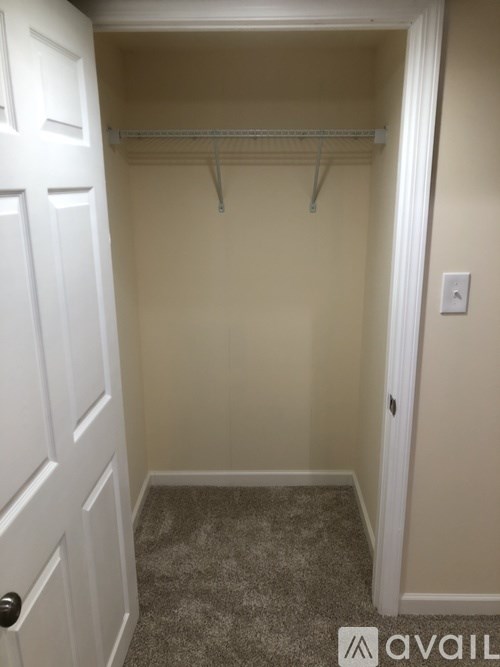A small, empty closet with a carpeted floor and a white door.