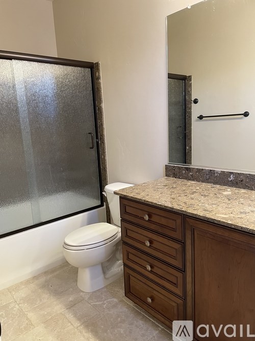 A bathroom with a toilet, a mirror, and a walk-in shower.