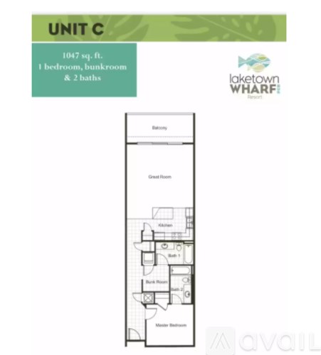 A floor plan for a unit at Laketown Wharf shows a bedroom, bunkroom, and 2 baths.