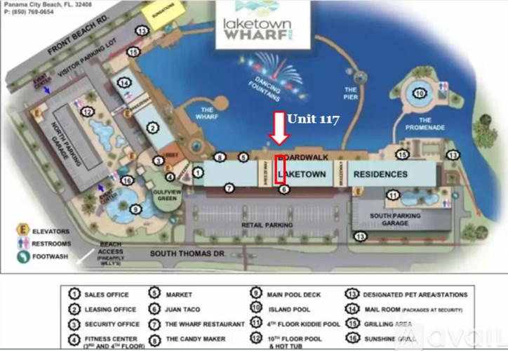 A map of a resort with a red arrow pointing to Unit 117.