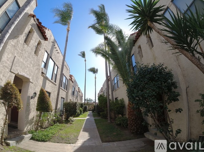 A row of houses with palm trees in front.