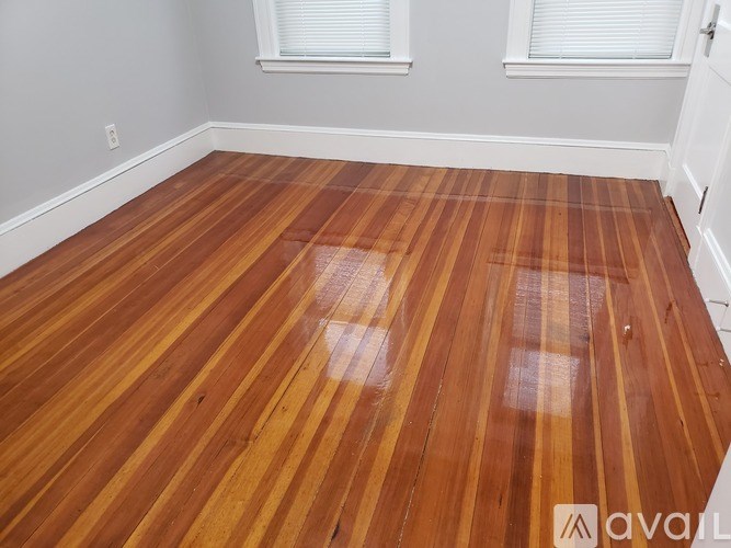 A room with wooden flooring and two windows.