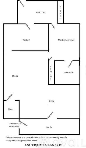A black and white drawing of a house floor plan.