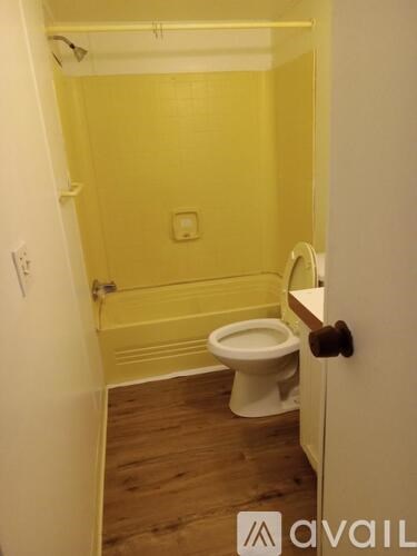 A bathroom with a toilet and a shower stall.