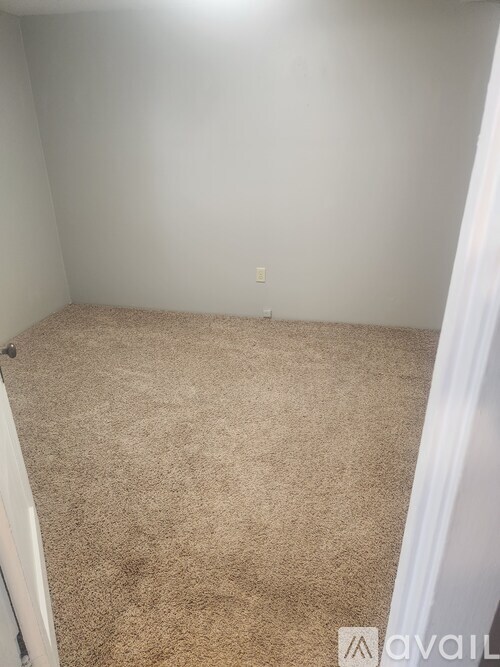 A carpeted room with a white wall and a door on the left.