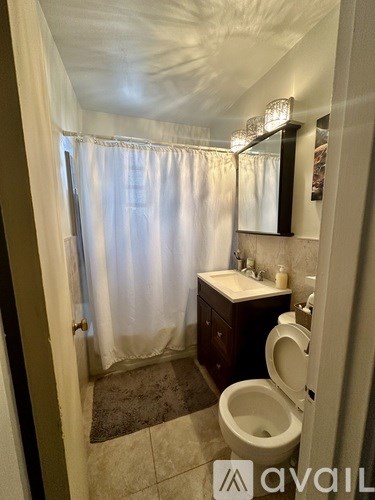 A bathroom with a toilet, sink, and shower curtain.