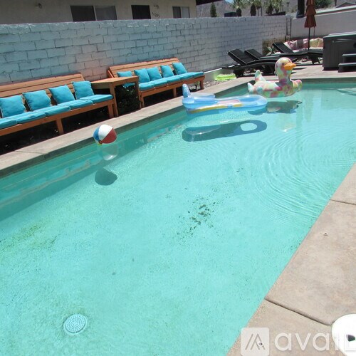 A pool with a rubber duck and a ball floating in it.