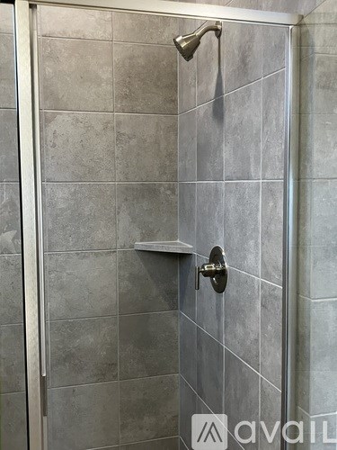 A shower with a silver handle and a silver shower head.