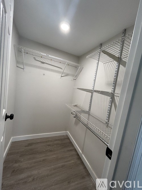 A white walk-in closet with shelving and a door.