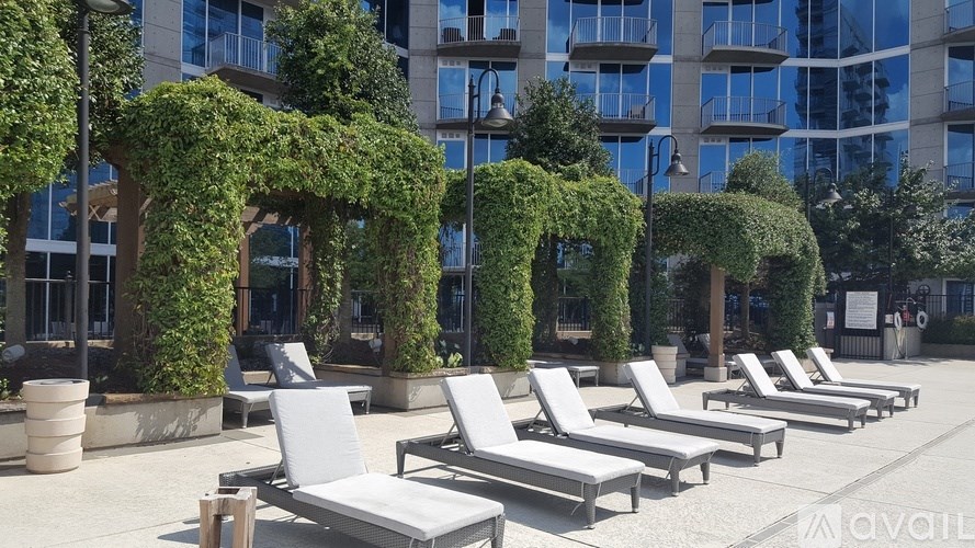 A row of white lounge chairs are arranged in front of a row of green leafy plants.