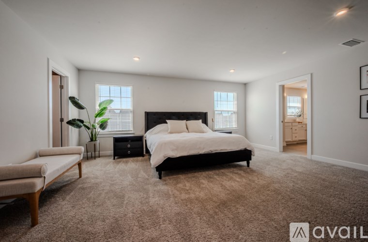 A bedroom with a large bed, a couch, and a plant.