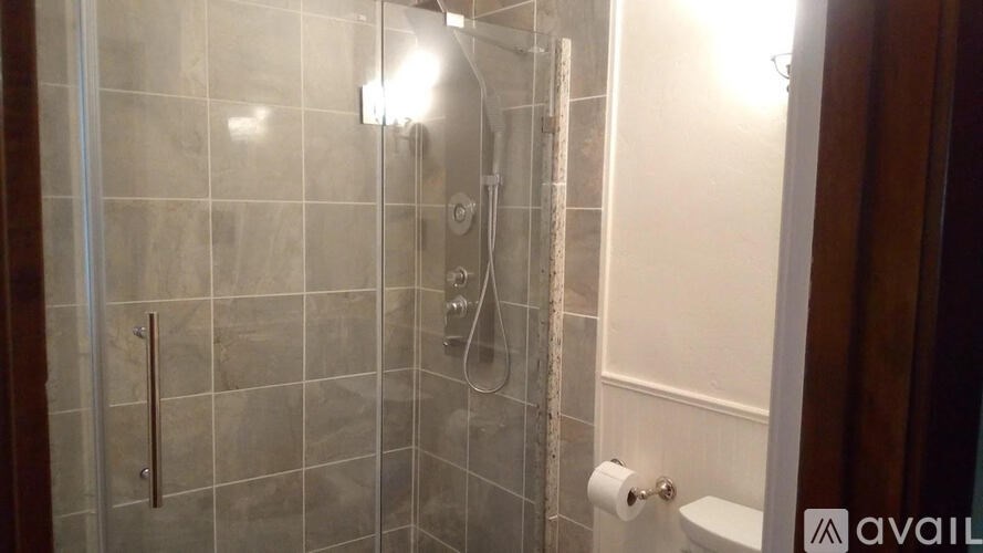 A bathroom with a glass shower stall and a toilet paper roll.