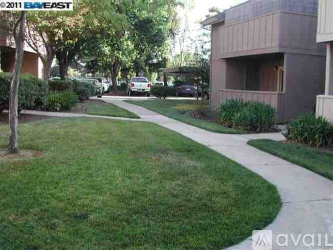 A residential area with a sidewalk and grassy area.