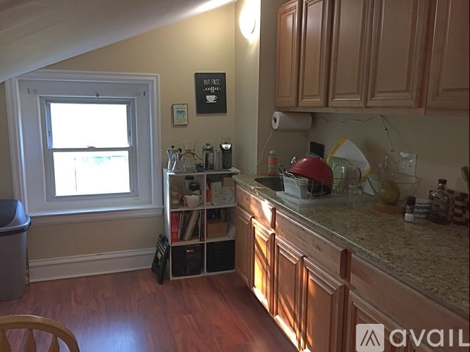 A kitchen with wooden cabinets and a window.