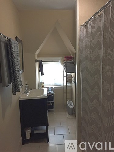 A bathroom with a sink, mirror, and shower curtain.