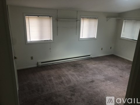 A room with carpeted floor and two windows.