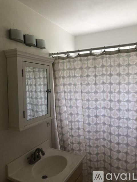 A bathroom with a sink, mirror, and shower curtain.