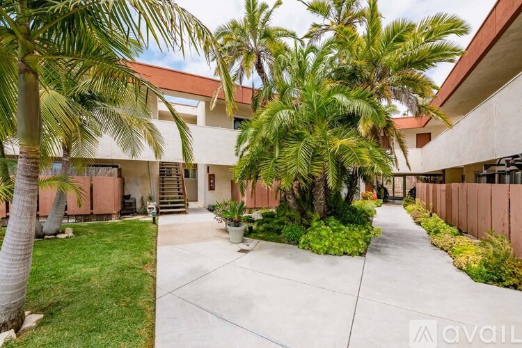 A house with a driveway and palm trees in front.