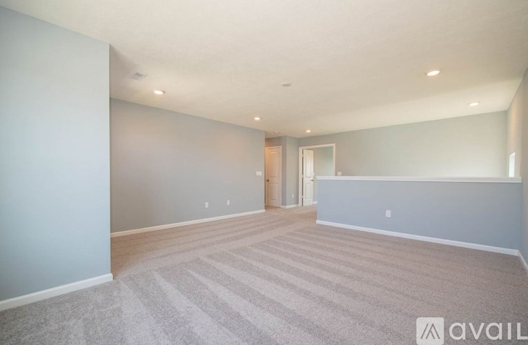 A room with a striped carpet and a door in the background.