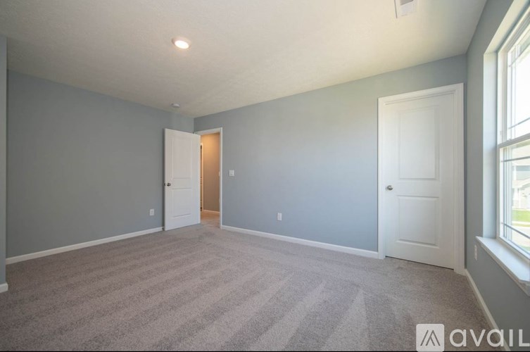 A room with a carpeted floor and two doors.