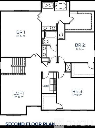 A second floor plan of a building with three bedrooms and a loft.
