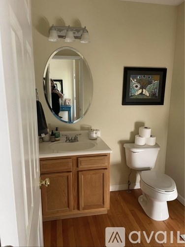 A bathroom with a toilet, sink, mirror and cabinet.