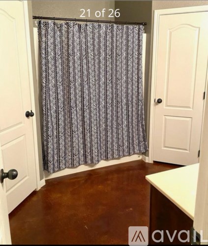 A bathroom with a shower curtain and a wooden floor.