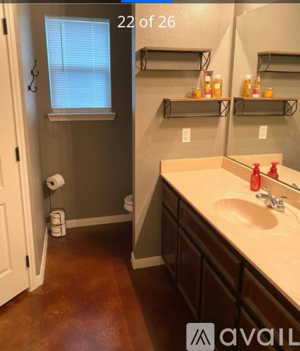 A bathroom with a sink, mirror, and shelves.