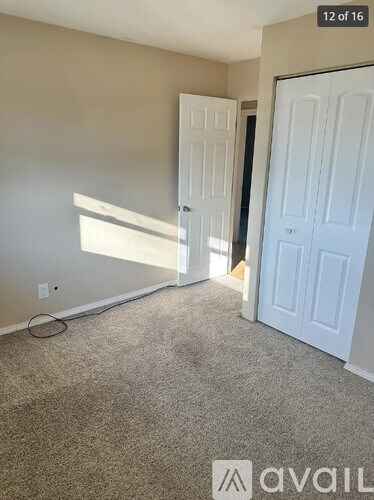 A room with two doors and a carpeted floor.
