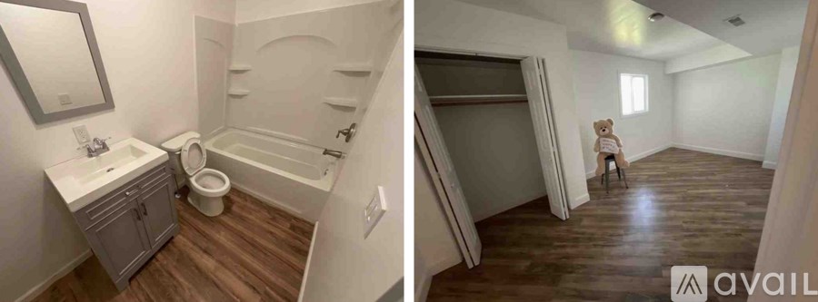 A bathroom with a toilet, sink, and bathtub is available for rent.