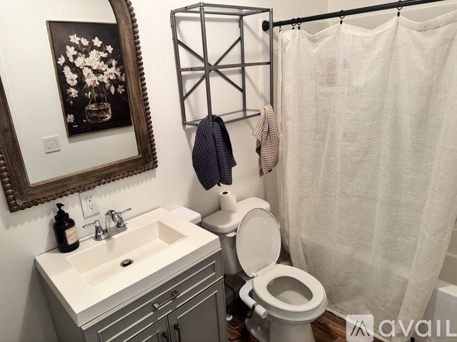 A bathroom with a toilet, sink, and shower curtain.