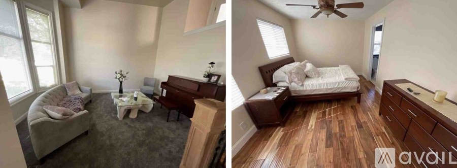 A bedroom with a bed, dresser, and a couch.